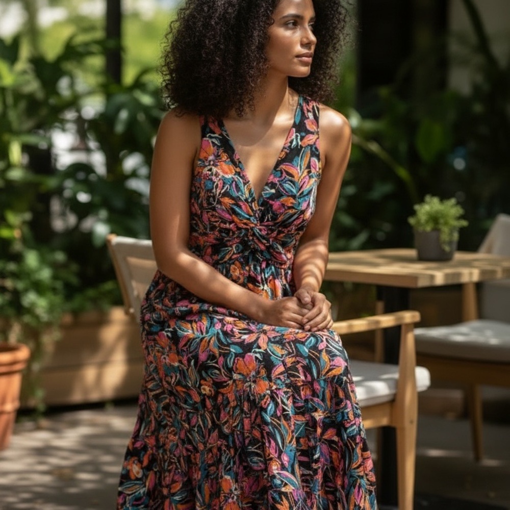 French Connection Floral V-Neck Maxi Dress in Black with Pink & Orange Accents